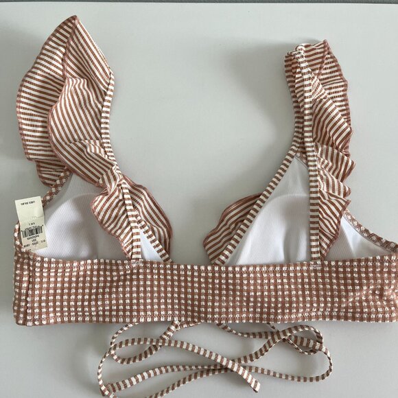 NWT Aerie Seersucker Ruffle Bikini Swim Top Beige White New with Tags Large - Picture 5 of 9